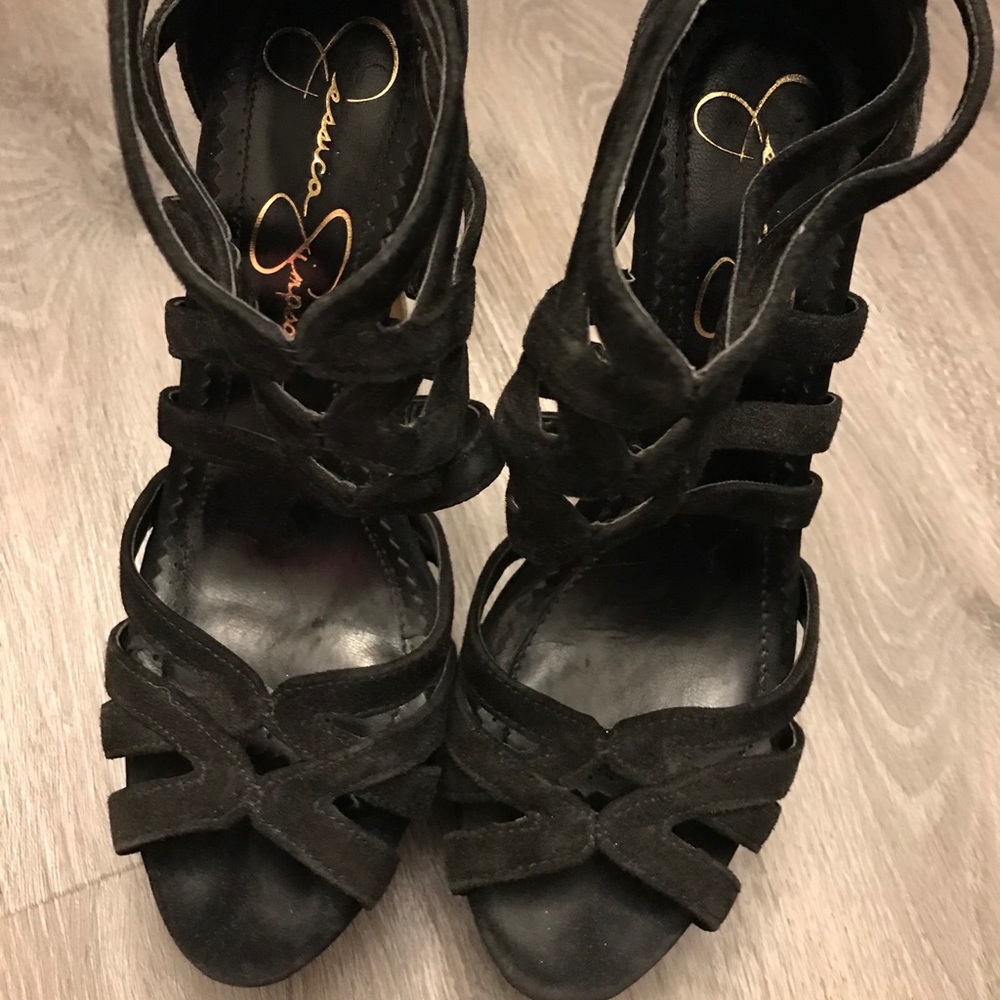Jessica Simpson suede 5” gold heels